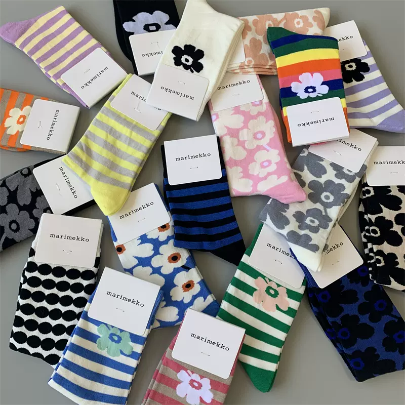 新品芬兰Marimekko花朵袜子色彩复古中高筒文艺小众轻奢女潮袜子-Taobao