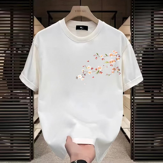 
Trendy brand summer original plum blossom pattern couple round neck short-sleeved T-shirt versatile loose cotton clothes for men