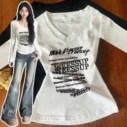 Korean-Style Chic Pure Cotton Long-Sleeve T-Shirt for Women, New Autumn V-Neck, Waist-Cinching, Slimming, Stylish, Versatile Ins Top