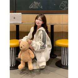 Heavyweight Korean-Style Oversized Three-Stripe Hooded Sweatshirt for Women, Autumn and Winter, Loose Fit, Fleece-Lined, Thickened, Zip-Up Jacket