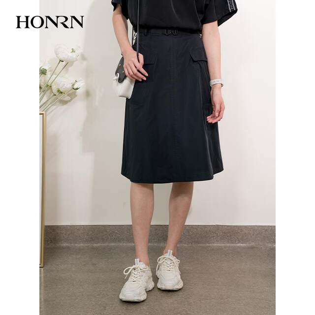 HONRN/Red Casual Black Double Pocket Belt A-line Skirt Skirt Women's Spring and Autumn Medium-length HI11OQ252