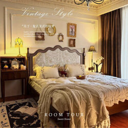 French-Style Solid Wood Bed for Master Bedroom, Light Luxury Bed, 1.8m Soft Backrest Double Bed, 1.5m Retro Bed with Soft Headboard, Simple Bed