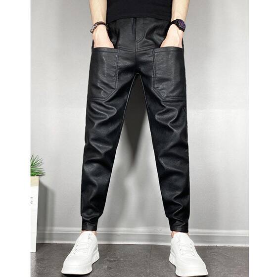 Autumn and winter elastic warm slim fit PU leather pants for men, internet famous motorcycle teenagers, multi pocket Haren long pants