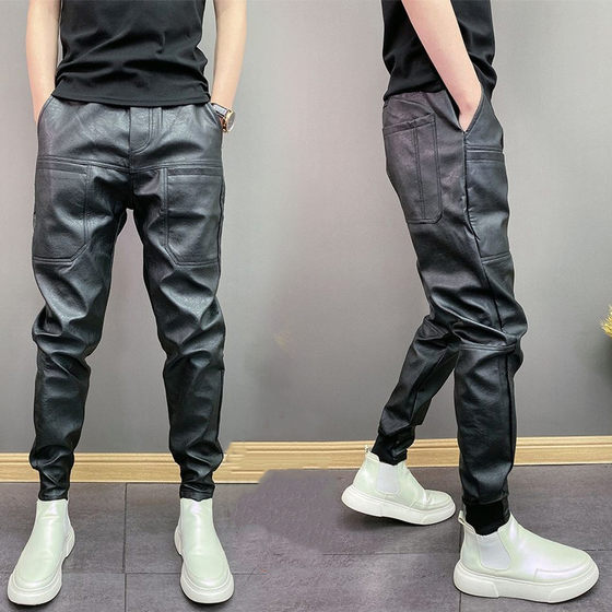 Autumn and Winter Men's Trendy Elastic PU Leather Pants Windproof and Waterproof Six Pocket Solid Color Rascal Handsome Straightening Casual Pants