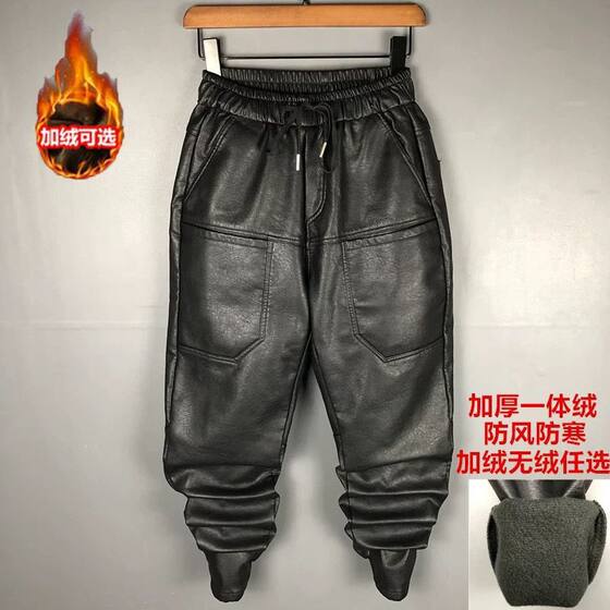 Spring and Autumn Men's Fleece Thickened Rider Takeaway Motorcycle PU Leather Pants Black Samurai Pants Windproof Waterproof Warm Pants
