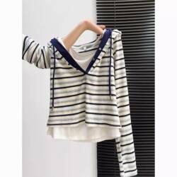 European Style Fake Two-Piece Color-Block Striped Long-Sleeve Sweatshirt for Women, New Spring and Autumn Loose and Lazy Style, Slimming Hooded Top