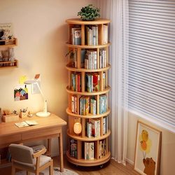 Solid Wood Rotating Bookshelf Storage Cabinet Integrated Children's Picture Book Rack Floor-Standing Storage Shelf Household Removable Bookcase