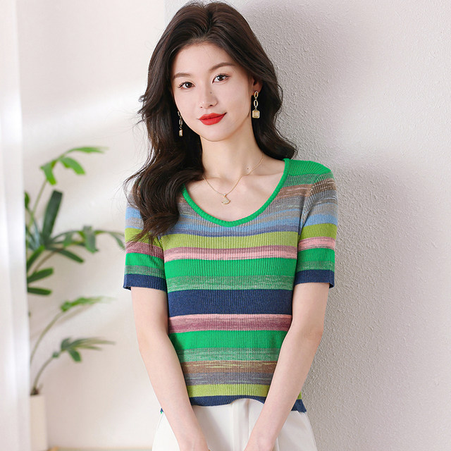 Ice silk short-sleeved sweater for women in summer fat mm large size V-neck shoulder T-shirt slim and slim rainbow striped top trendy