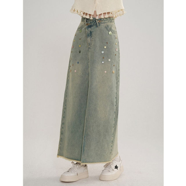 Retro large size split irregular sequin denim skirt for women's summer new high-waisted A-line long skirt ins trendy