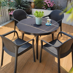 Outdoor Furniture Set with Rattan-Like Chairs for Villa Gardens and Patios, Including a Rock Slab Table and Coffee/Tea Table and Chairs