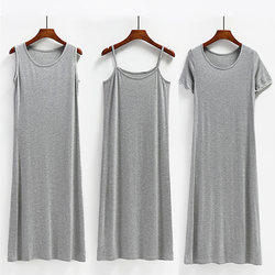 Summer Modal Short-Sleeved Dress for Women, Camisole Base Long Dress, Loose and Slimming Mid-Length Lined Dress