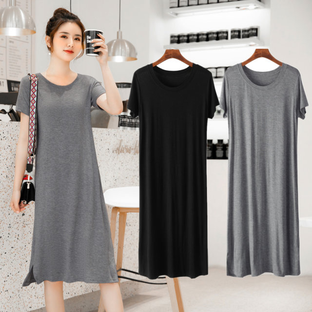 Modal thin dress women's summer loose large size short-sleeved round ...