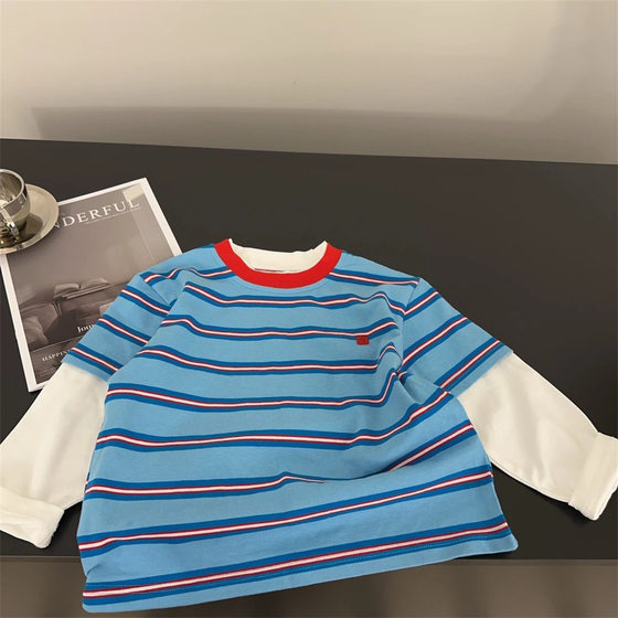 
Children's bottoming shirt 2025 new autumn boys' spring striped fake two-piece baby tops children's long-sleeved T-shirts