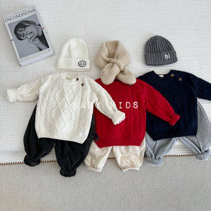 
ins winter solid color velvet pullover sweater for boys and girls baby red western style thickened knitted bottoming shirt for infants and young children