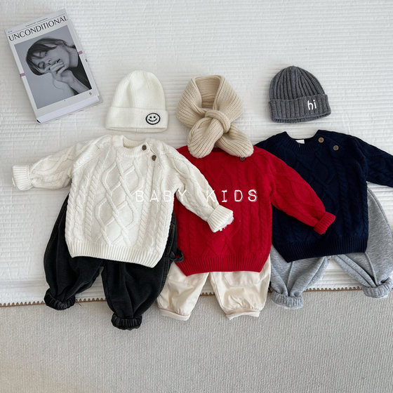 
ins winter solid color velvet pullover sweater for boys and girls baby red western style thickened knitted bottoming shirt for infants and young children