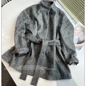 
Double C2025 autumn cashmere brushed fabric waxy stand collar tie waist coat high-end plush mid-length coat