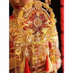 Red and Gold Double-Sided Round Fan Bride Wedding DIY Material Kit Fan Wedding Dress High-End Style Wedding Fan Finished Product