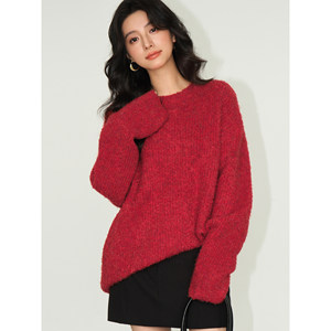 
NEVA HU [30% off in stock] Red long-sleeved sweater for women, loose Korean style long-sleeved versatile pullover sweater