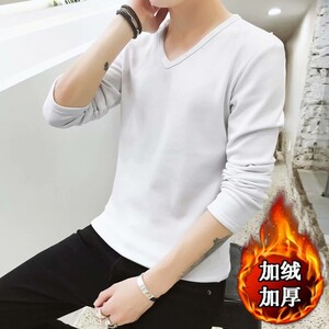 
Men's velvet thickened long-sleeved T-shirt men's youth winter round neck jacket solid color warm sweatshirt bottoming shirt trendy