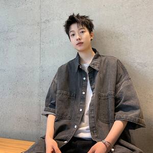 
American workwear denim short-sleeved shirt men's summer loose retro solid color trendy brand teenager half-sleeved shirt jacket