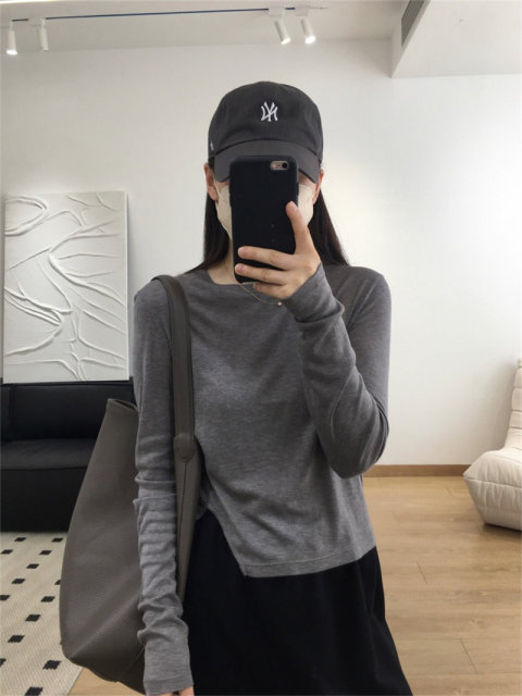 Gray Lysier split kravis short T -shirts spring and autumn top women's new round neck long -sleeved fashion qi