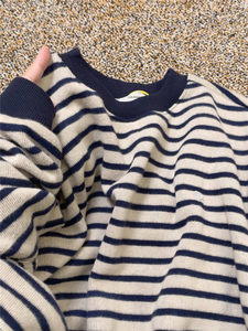 Retro striped round neck sweater women Spring 2024 new Korean chIC Hong Kong flavor thin loose laziness jacket