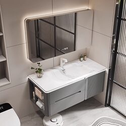 Imported Slate Hot-Bent Integrated Basin Bathroom Cabinet Set, Oak Lacquered Cream-Style Washbasin Cabinet