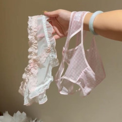 Girls lace panties sexy mesh hollow bow pink plaid girls low waist briefs pure desire 2025