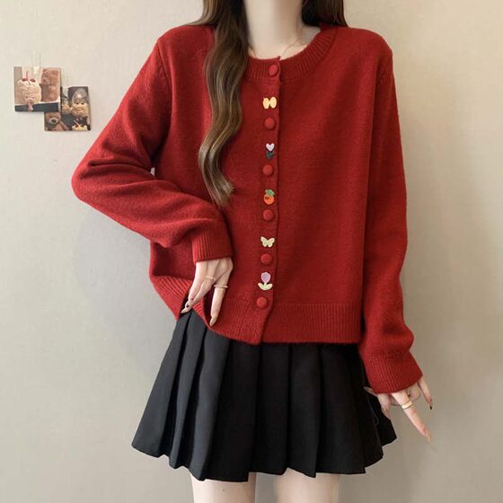 
Zodiac year red sweater jacket for women autumn and winter 2025 new large size fat mm lazy high-end knitted cardigan