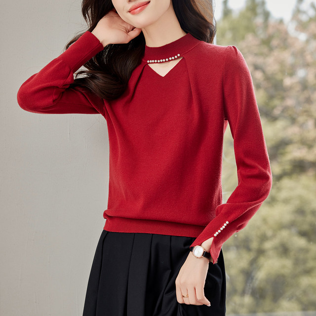 Red half-turtleneck sweater for women in autumn and winter new beaded hollow pullover top slim fitted with knitted base shirt