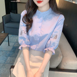 Pure Cotton Blue Shirt for Women 2026 Summer New Style Heavy Embroidery Hollow Puff Sleeve Shirt French Chic Top