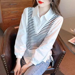 White Shirt for Women 2026 Spring New Design Striped Patchwork Fake Two-Piece Top with Drawstring Hem Long-Sleeve Shirt