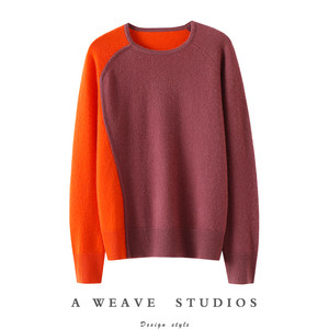 
Italian fashion color matching ~ round neck 100% cashmere sweater women's pure cashmere sweater knitted autumn and winter bottoming shirt