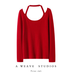 
Fashionable! Cherry red halterneck large round neck pure cashmere sweater for women pure cashmere sweater autumn and winter