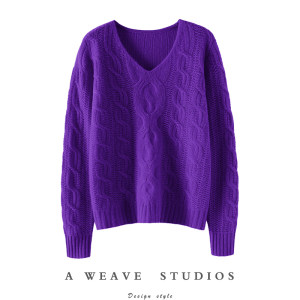 Very elegant~ V-neck cork 100% pure cashmere sweater for women loose and lazy style pure cashmere sweater autumn and winter