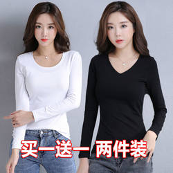 Black and White Base Shirt for Women, Spring and Autumn Korean Style Slim-Fit Long-Sleeve T-Shirt, Versatile Large Size Solid Color Top