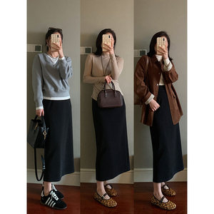 
Mr. Hua Acridine Autumn and Winter 2025 New Black High Waisted Velvet Thickened Elastic Winter Skirt Commuting Long Skirt for Women