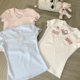 
Fat mm hollow embroidery kitty cat V-neck front shoulder short sleeve T-shirt for women summer slim short chic Korean top