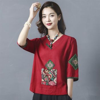 
Summer middle-aged mother's clothing 40-50 years old ramie cotton and linen embroidered ethnic G style mid-sleeve three-quarter sleeve T-shirt spring clothing