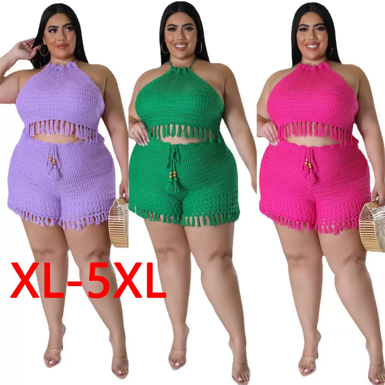 Plus Size Two-piece Sets Fashion Women Tassel Fishing Net Knitted