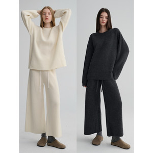 
MAISON CECILE two-color cashmere wool knitted silhouette raglan sleeve sweater/drawstring eight-quarter wide-leg pants