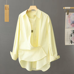 Gentle Yellow Pure Cotton Shirt for Women, Long-Sleeved, Loose-Fitting, 2026 Spring New Style, Mid-Length, Niche, High-End Shirt Top