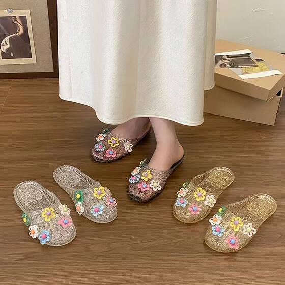 
Crystal shoes sandals for women flat sole transparent semi-tork shoes outside wearing shoes flower jelly shoes soft sole sandals for bag toe and wear women's shoes outside wearing shoes