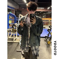 American-Style Trendy Design Plaid Irregular Patchwork Faux Two-Piece Denim Jacket for Men and Couples, New Autumn Jacket