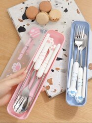 Cute Cartoon 304 Stainless Steel Cutlery Set with Spoon, Fork, and Chopsticks, Portable Student Cutlery Set
