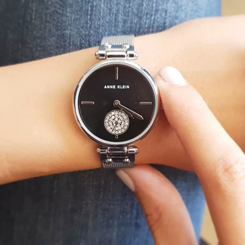 代购正品Anne Klein AK/3001BKSV 女表时尚小众简约钢带镶钻手表