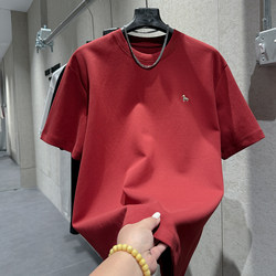 Winter New Vintage Style Short-Sleeved Men's Personalized Loose Red T-Shirt with Colorful Pony Embroidery on the Front and Back