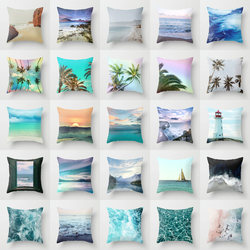 Fashionable Sea Beach Scenery Cushion with Letter Pattern Pillowcase, Comfortable and Soft Peach Skin Velvet Pillow for Bedroom, European Style Pillow