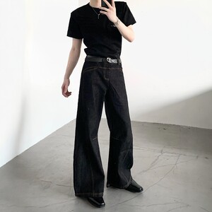 
Shopkeeper Hao, American style line segmentation design, scimitar jeans, men's denim black retro washed wide-leg pants
