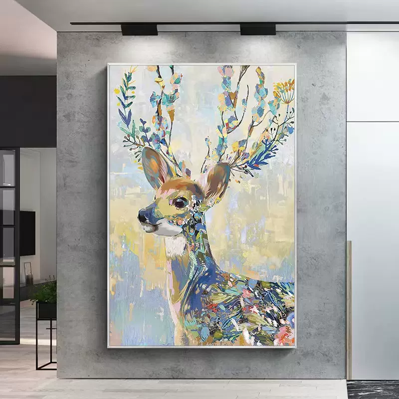 客厅美式纯手绘油画一路平安装饰画入户玄关走廊梅花鹿竖版挂画